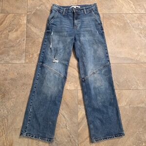 Celebrity Pink Womens Distressed Wide Leg Jeans Seamed Knee Medium Wash 3/26